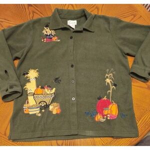 The Quacker Factory QVC‎ Green Fleece Embroidered Fall Button Jacket Large